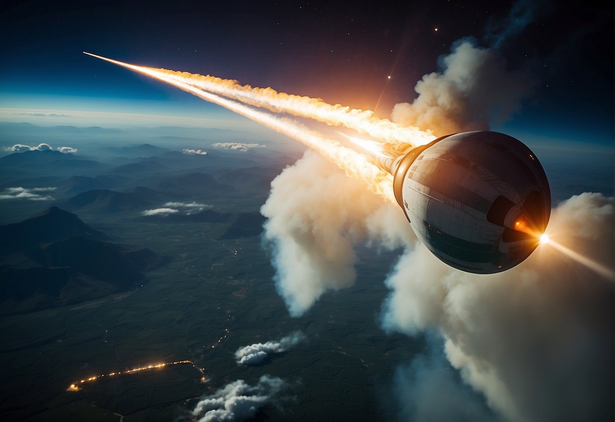 A rocket launches into space, leaving a trail of fire and smoke behind as it ascends into the unknown. The Earth looms in the background, a small blue and green orb against the vastness of space