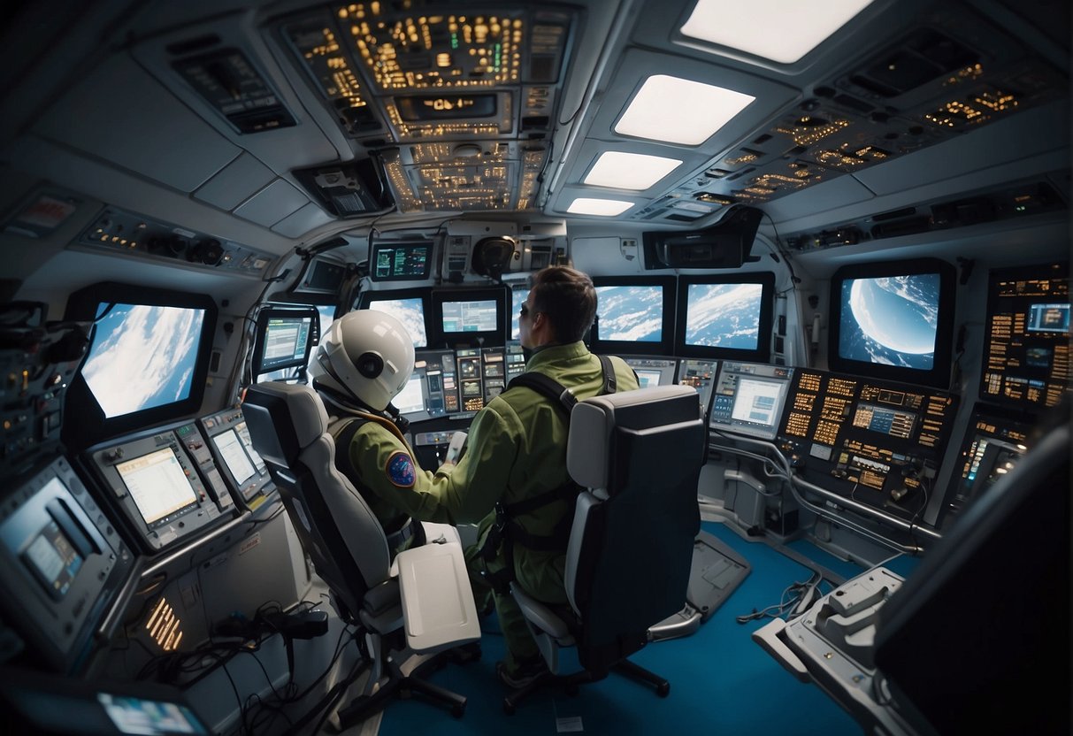 Spacecraft emergency protocols: Crew securing equipment, donning protective gear, and activating emergency systems in preparation for potential hazards during space travel