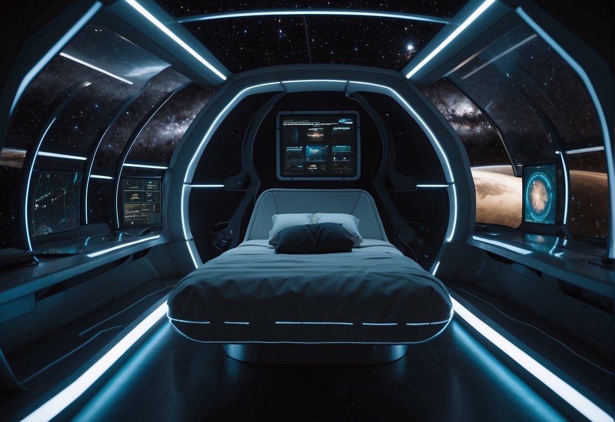 A sleeping pod floats in a dimly lit spacecraft, surrounded by glowing screens displaying vital signs and sleep data. A soft hum fills the air as the pod gently rocks back and forth, simulating the sensation of being on Earth