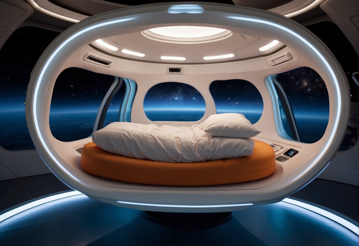 A sleeping pod floats in a zero-gravity environment, surrounded by advanced sleep technology and monitoring devices. The pod is designed to ensure rest for space tourists
