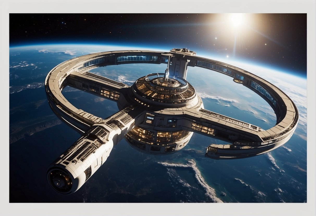 A futuristic space station orbits Earth, with sleek spacecraft shuttling between it and the planet below. A diverse group of tourists enjoys weightless activities and breathtaking views of the cosmos