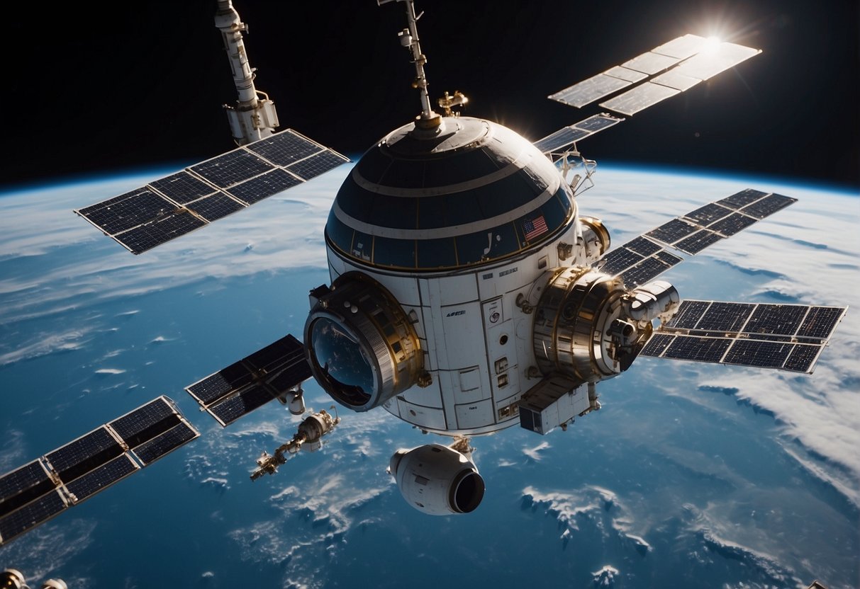 A sleek, futuristic spacecraft docks at an international space station, surrounded by a network of solar panels and communication antennas. A group of tourists in space suits float nearby, taking in the breathtaking view of Earth from above