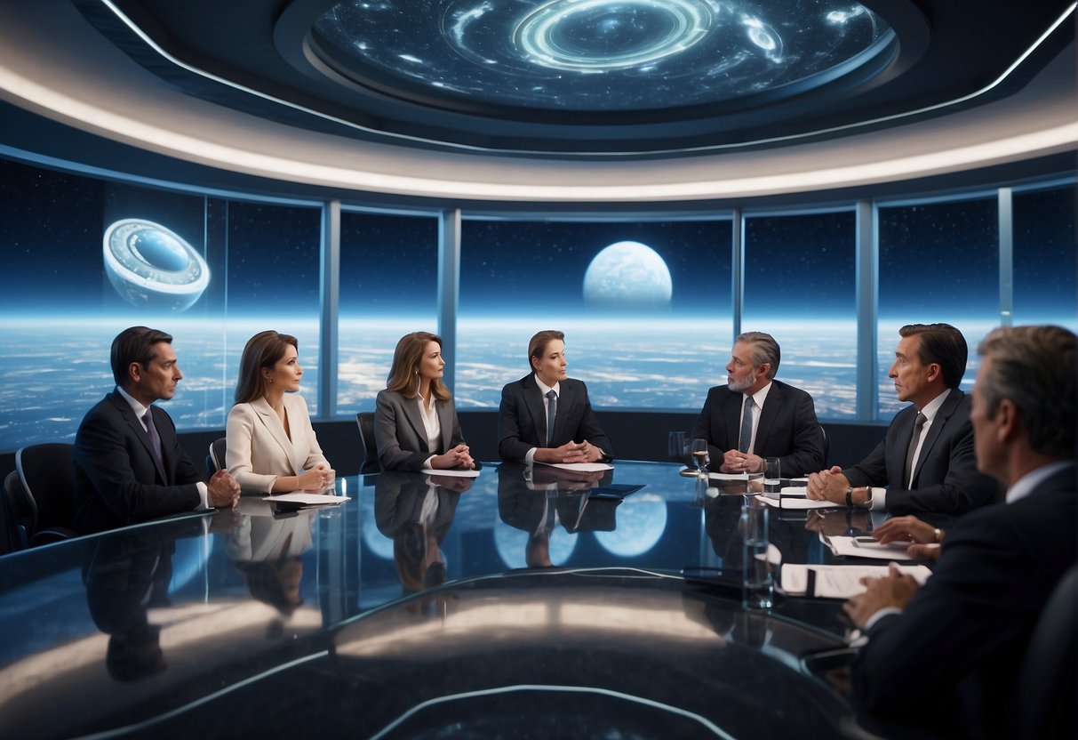 A group of international representatives discuss space tourism laws and policies in a futuristic conference room with advanced technology and a view of outer space
