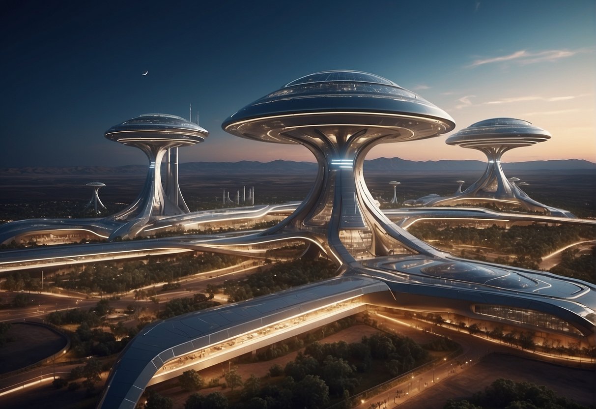 A futuristic spaceport with multiple spacecraft launching and landing, surrounded by advanced infrastructure and bustling with activity