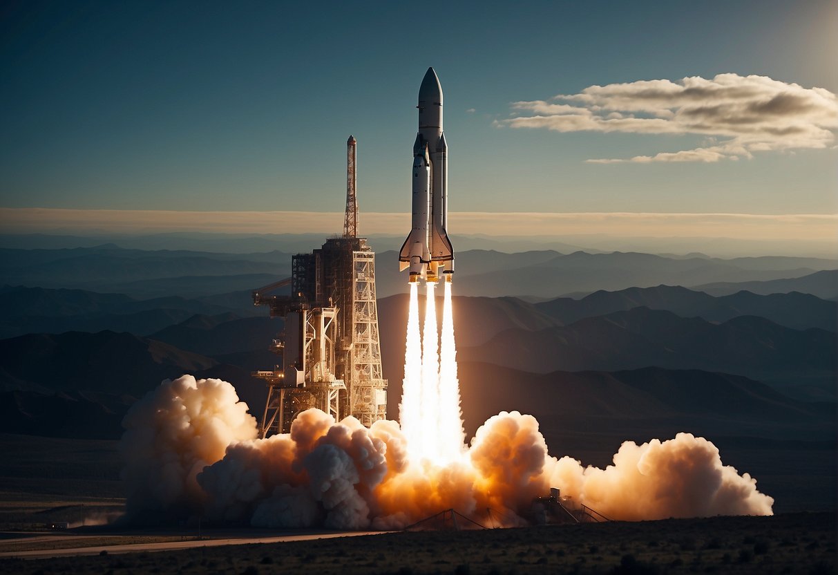 A rocket launches into the vast expanse of space, with Earth visible in the background. The excitement and anticipation of space tourism are palpable as the spacecraft ventures into the unknown