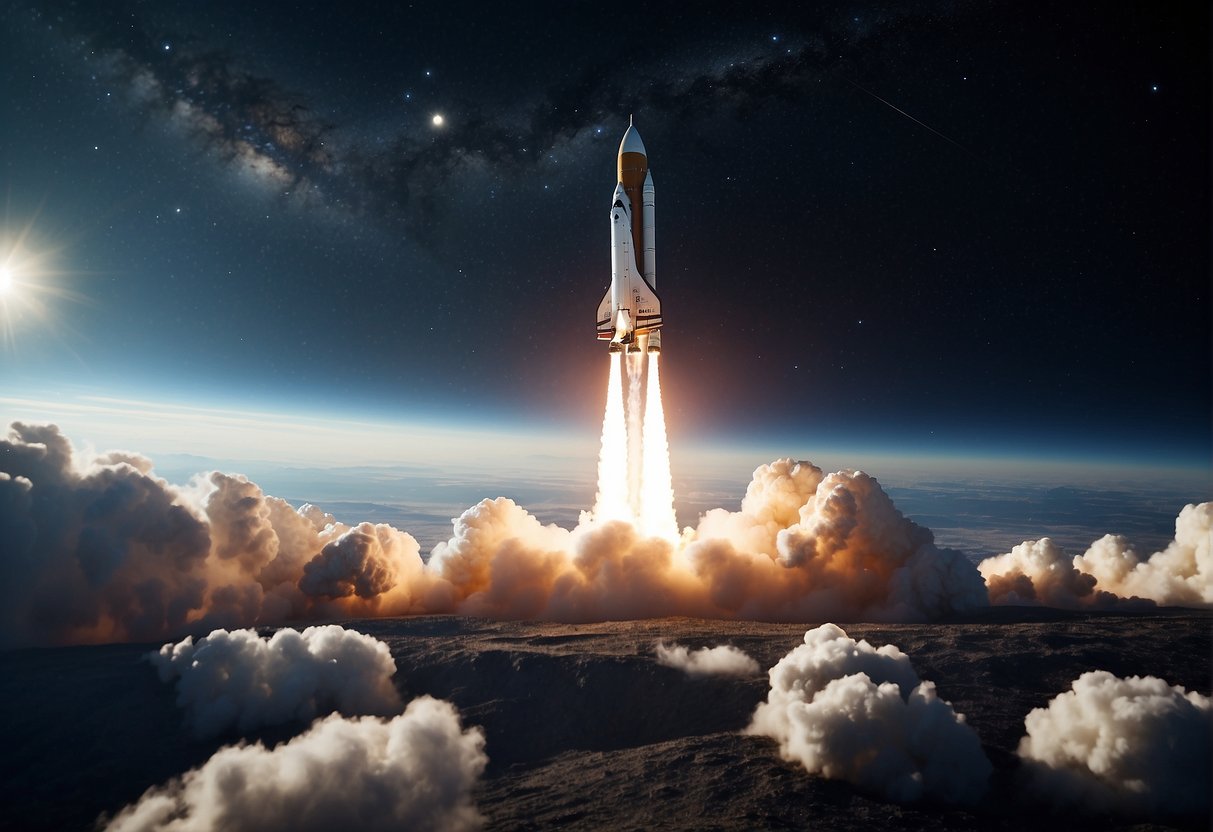 A rocket launches into the vastness of space, symbolizing the technological foundations of space travel and the potential risks and rewards of space tourism