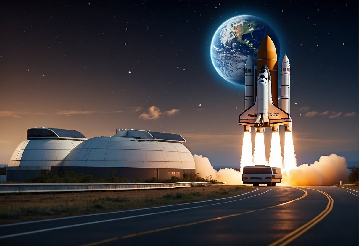 A rocket launches from Earth, carrying tourists into space. A futuristic space hotel orbits in the distance, while a space shuttle ferries passengers to and from the station