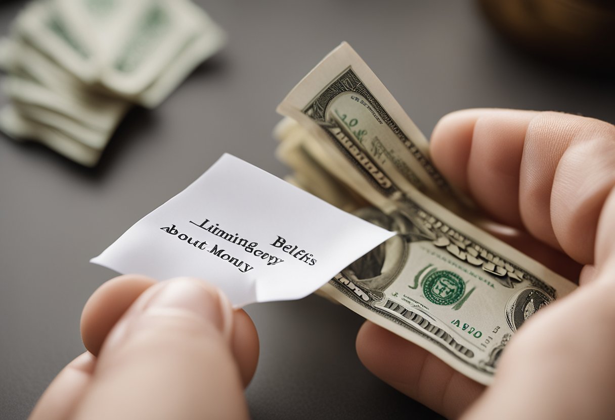 A person's hand reaching out to grab and crumple a piece of paper with the words "limiting beliefs about money" written on it