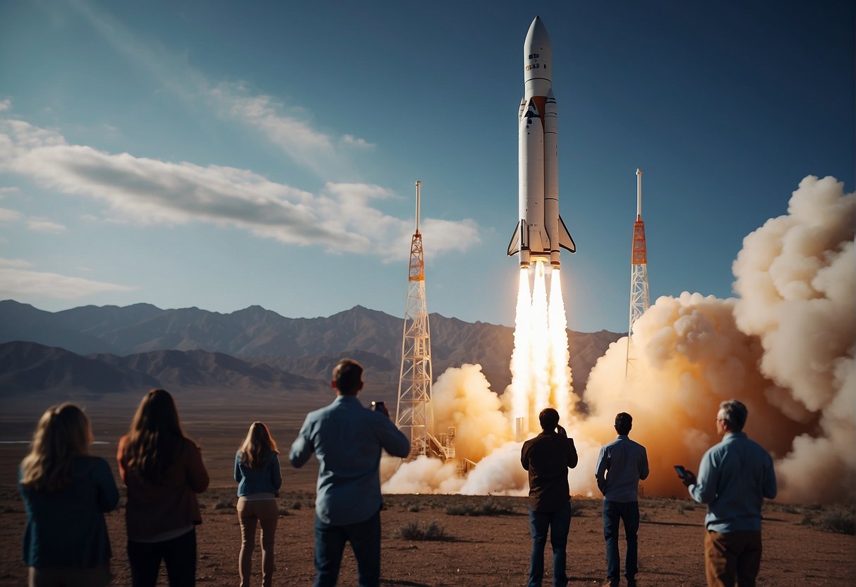 A rocket launches into space with Earth in the background, while a group of people look on with excitement and curiosity