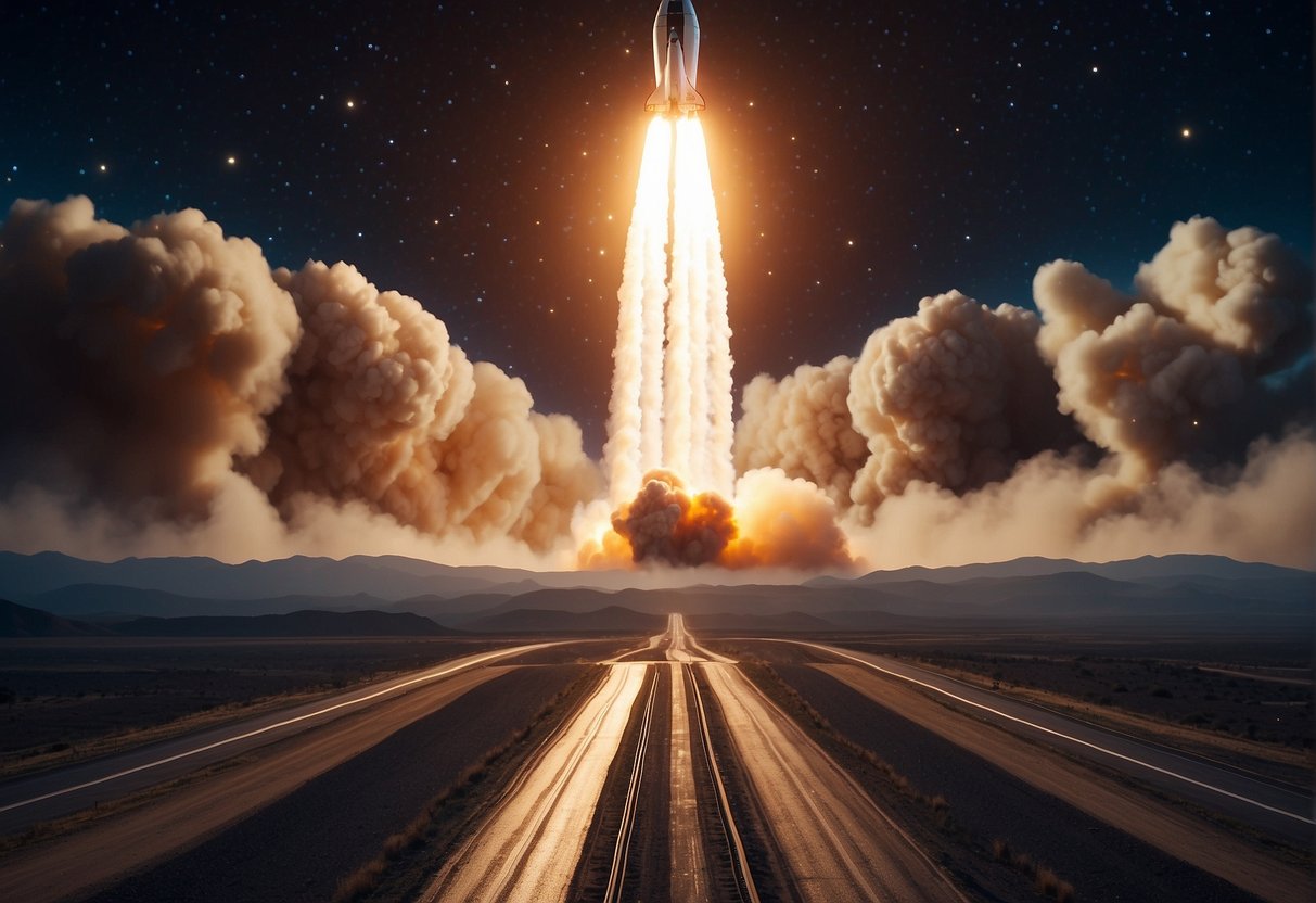 Space Exploration Technologies: A rocket launches from a spaceport, flames and smoke billowing from its engines as it ascends into the starry sky, leaving Earth behind on its journey into outer space