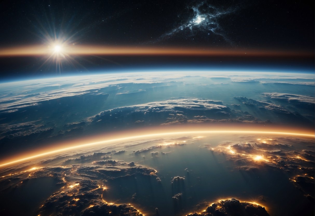 The Impact of Space Travel on Earth's Environment: Earth's atmosphere is shown with a thinning ozone layer and increased greenhouse gas levels. The planet is depicted with visible signs of pollution and deforestation