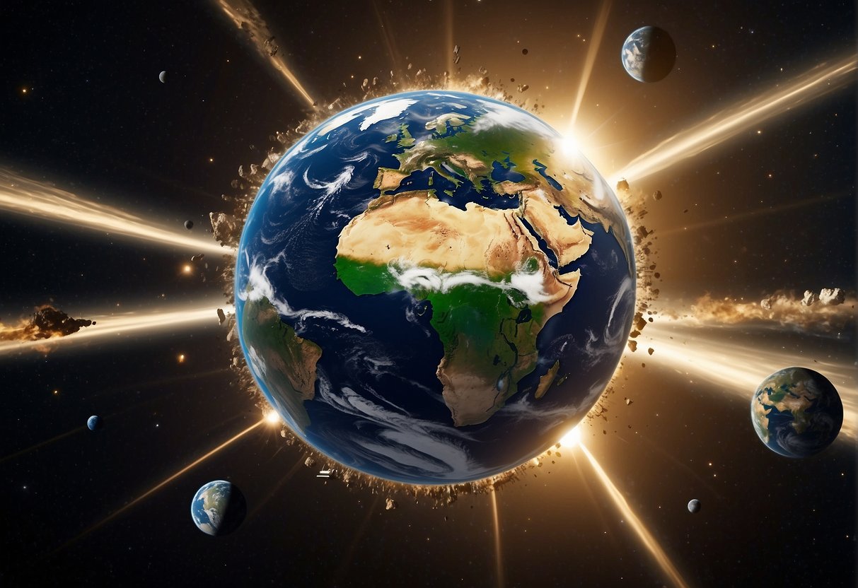 The Earth surrounded by space debris, satellites, and rockets, symbolizing the impact of space travel on the environment