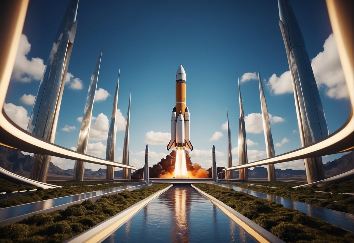 A rocket launches from a futuristic spaceport, with Earth in the background and various international flags representing global space tourism policies