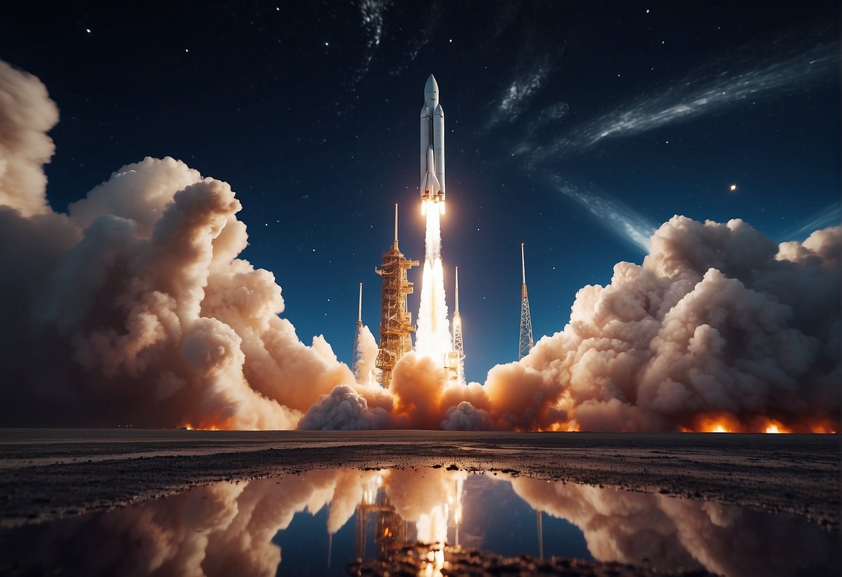 A rocket launches from Earth, passing through Earth's atmosphere and into the vast expanse of space, showcasing the evolution of space tourism