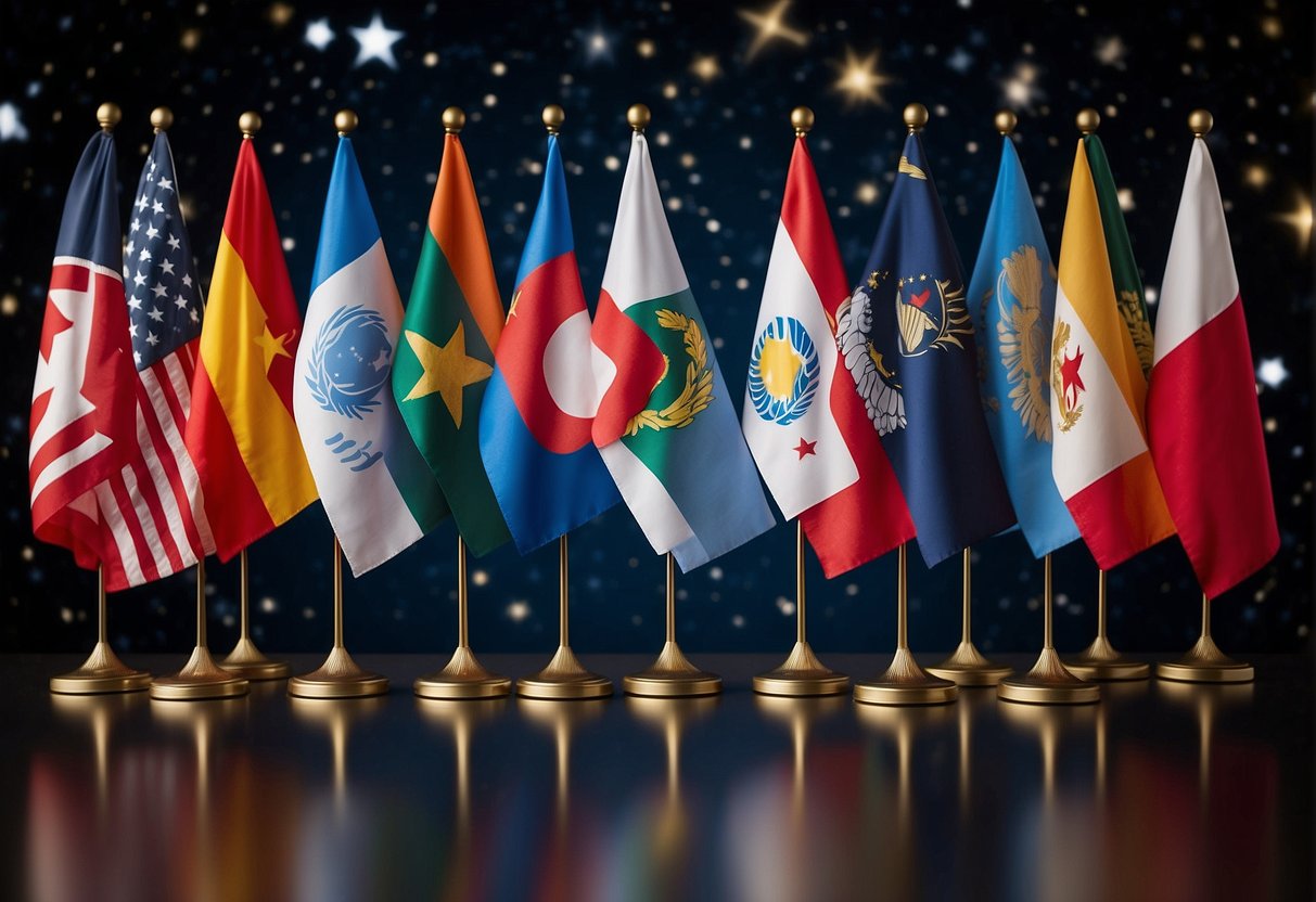 A diverse group of flags from different countries, including the United Nations flag, are displayed against a backdrop of stars and planets, symbolizing the global regulatory landscape and international policies surrounding space tourism