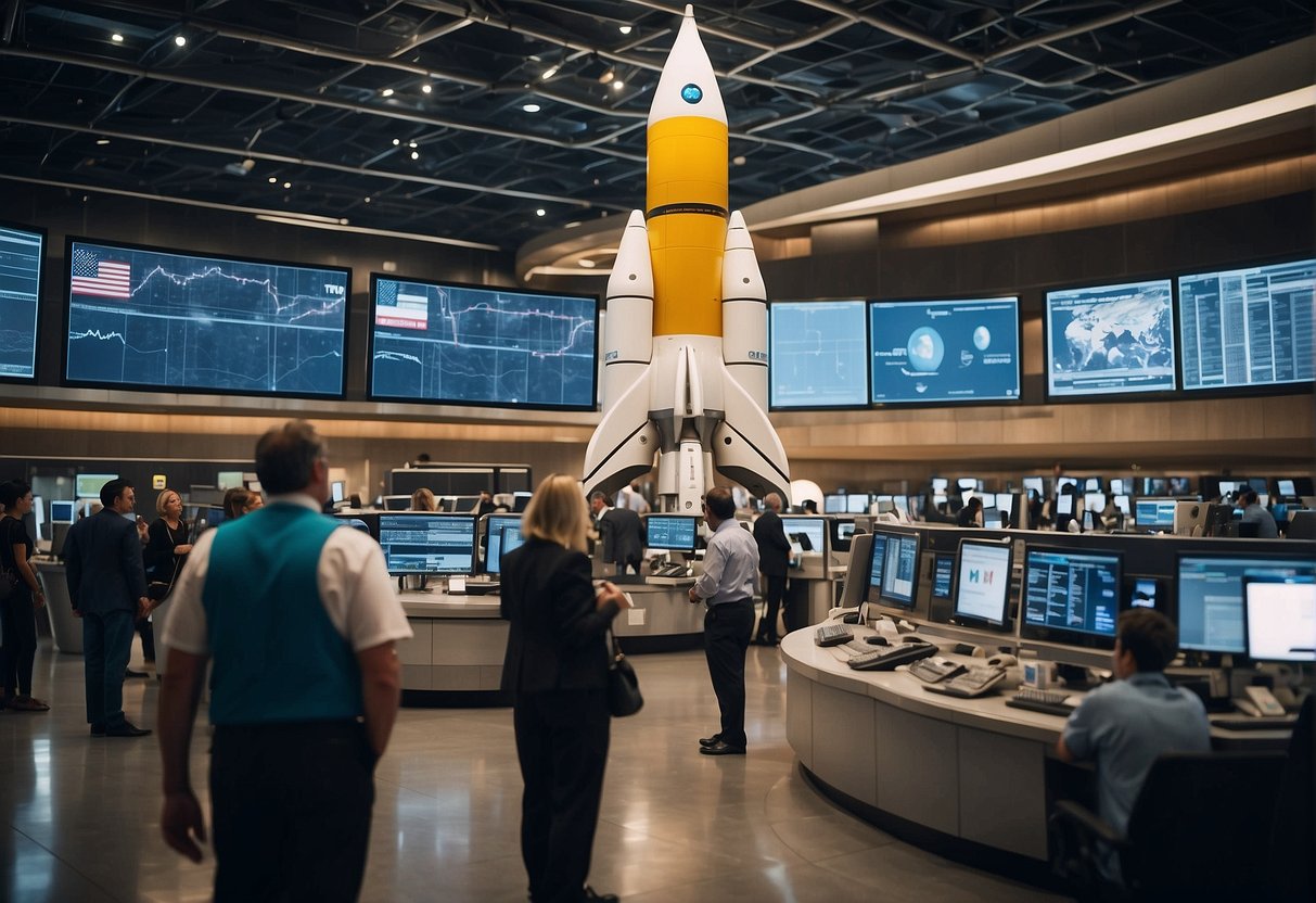 A bustling spaceport with rocket launches, international flags, and bustling tourists and workers. Economic charts and policy documents adorn the walls