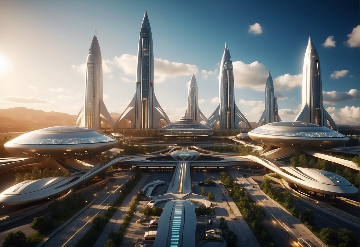 A futuristic spaceport with sleek, towering launch pads and bustling spacecraft, surrounded by a diverse array of international flags and futuristic architecture