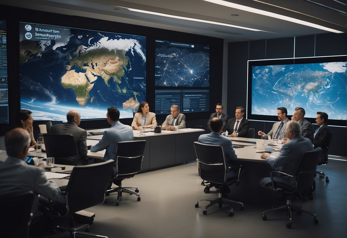 A bustling spaceport with various spacecraft docking, while officials discuss tourism policies in a modern conference room with a global map on the wall