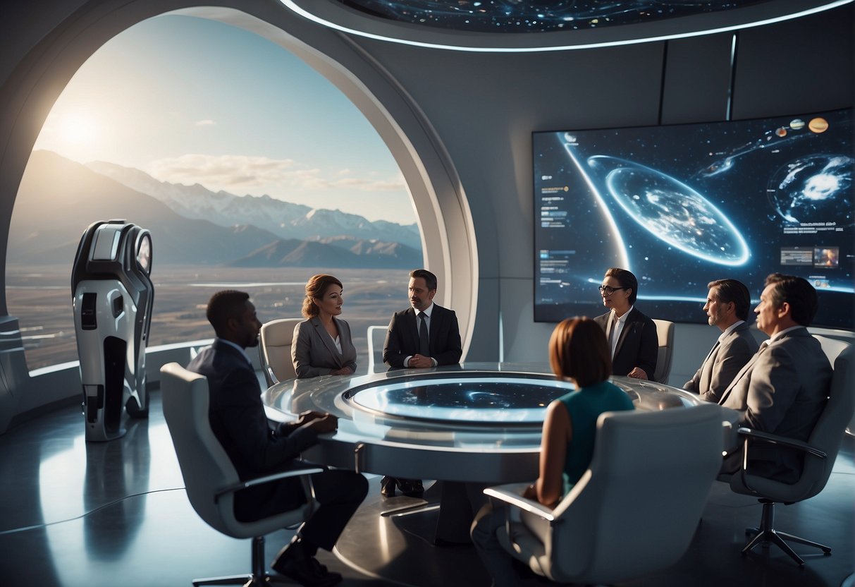 A diverse group of people from around the world gather in a futuristic spaceport, discussing space tourism policies and regulations