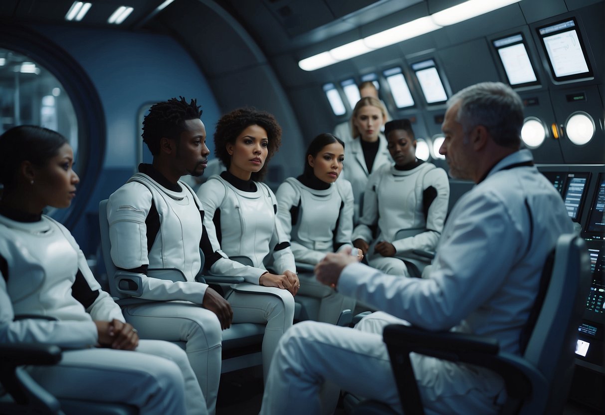 A group of diverse individuals undergo rigorous mental tests in a futuristic space station before being selected for a space tourism mission