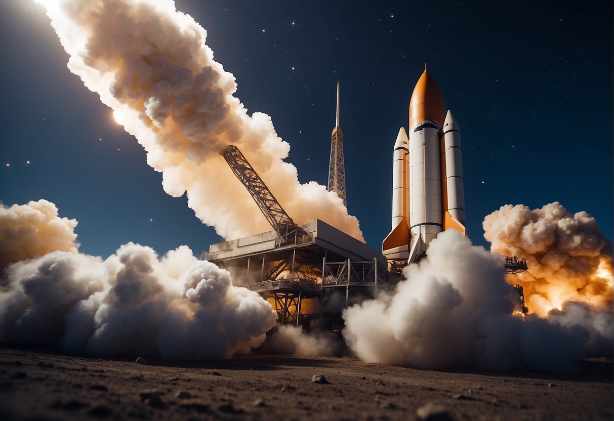 A rocket launches into space, symbolizing the history and evolution of space tourism. A selection process is depicted, showcasing the psychological aspect of choosing space tourists