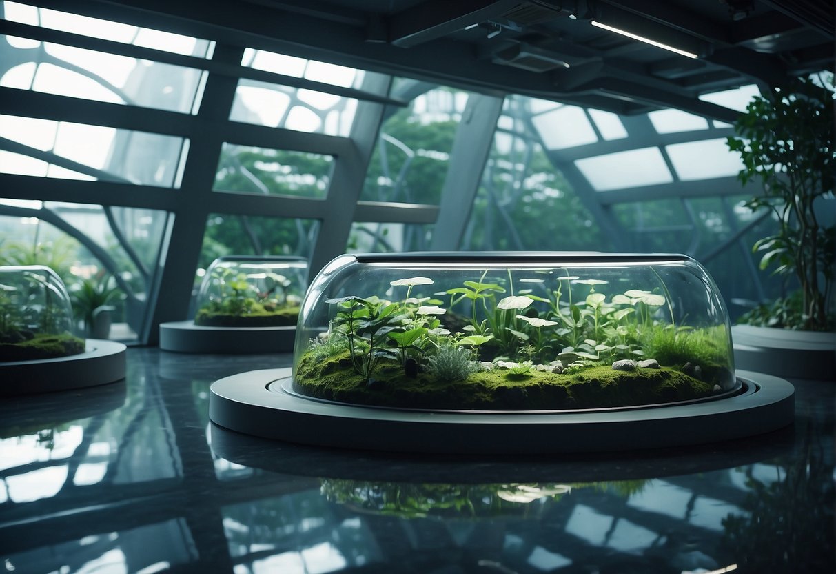 A serene, futuristic space station with calming colors and natural elements, like plants and water features, creating a peaceful and supportive environment
