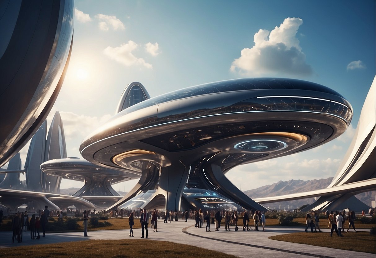 A futuristic spaceport with sleek spacecraft, advanced technology, and bustling activity, showcasing the integration of innovation in the selection process for space tourists