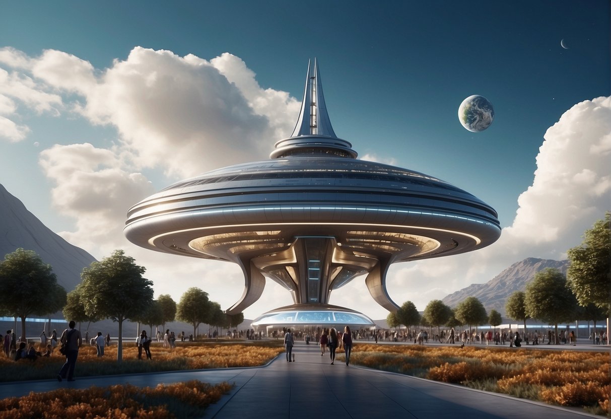A futuristic spaceport with sleek spacecraft, bustling with diverse tourists and staff, set against a backdrop of Earth and stars