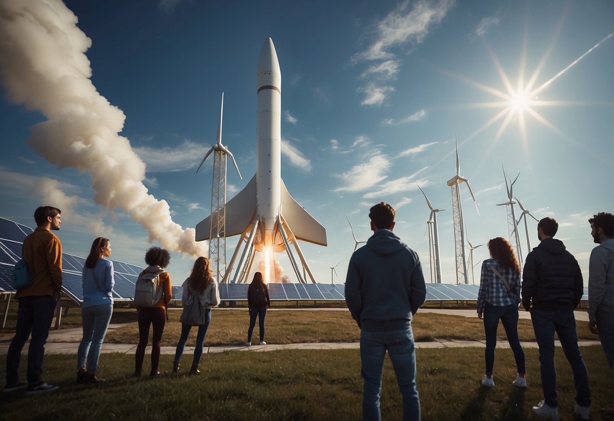 A rocket launches from a futuristic spaceport, surrounded by solar panels and wind turbines. A diverse group of students watch in awe, inspired by the possibilities of space exploration