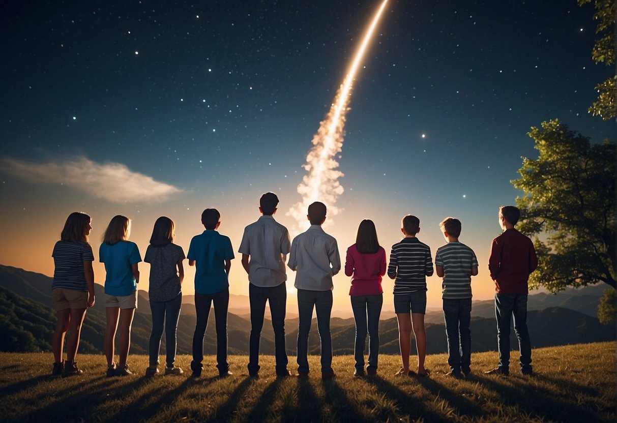 A rocket launches from Earth, carrying a diverse group of students and educators. They gaze out at the vastness of space, inspired by the endless possibilities of STEM education and the philosophical implications of space exploration