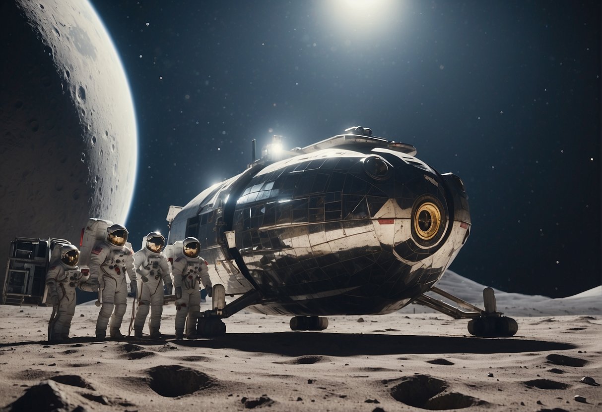 A lunar shuttle docks at a space station, while tourists explore the moon's surface in futuristic suits. Earth looms in the background