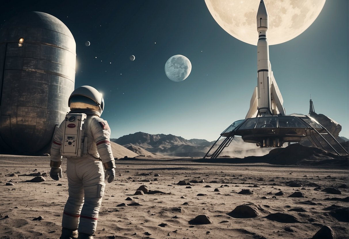 A rocket lands on the moon's surface, with a futuristic lunar resort in the background and tourists exploring the lunar landscape