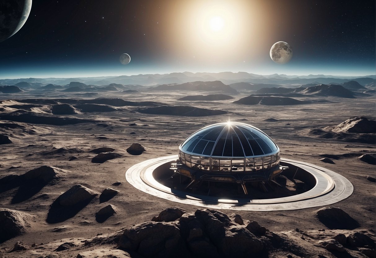 A futuristic lunar base with landing pads, transportation vehicles, and solar panels, surrounded by craters and a view of Earth in the distance