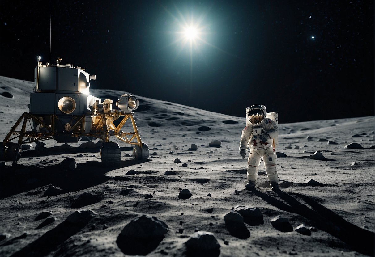 A lunar base with research equipment and astronauts exploring the moon's surface, with Earth visible in the background