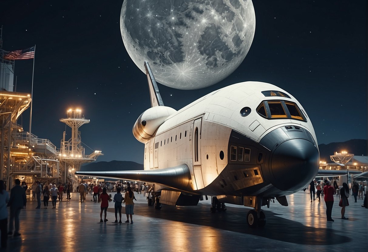 A lunar shuttle docks at a bustling spaceport, with tourists and cargo being loaded and unloaded, while futuristic buildings and infrastructure dot the lunar landscape