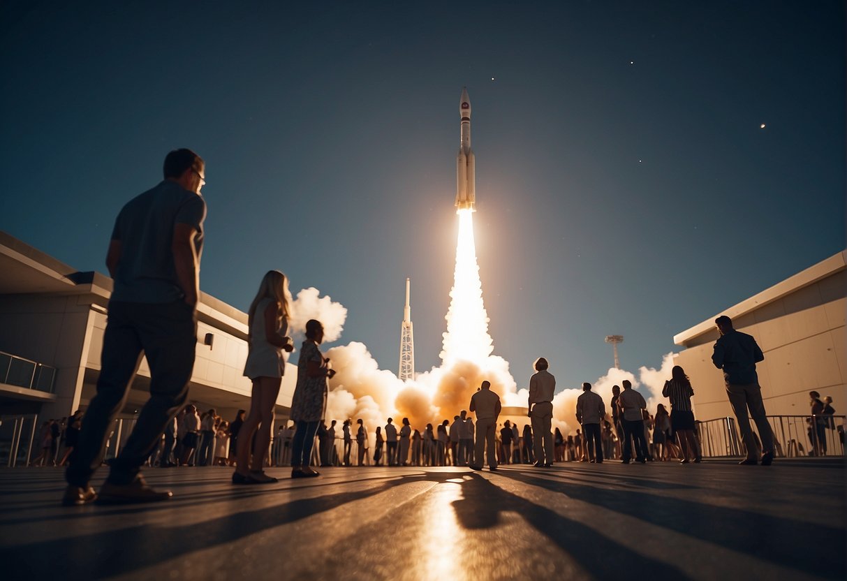 A rocket launches from Earth towards the moon, with a futuristic spaceport in the background. A line of tourists eagerly await their turn to board the next flight