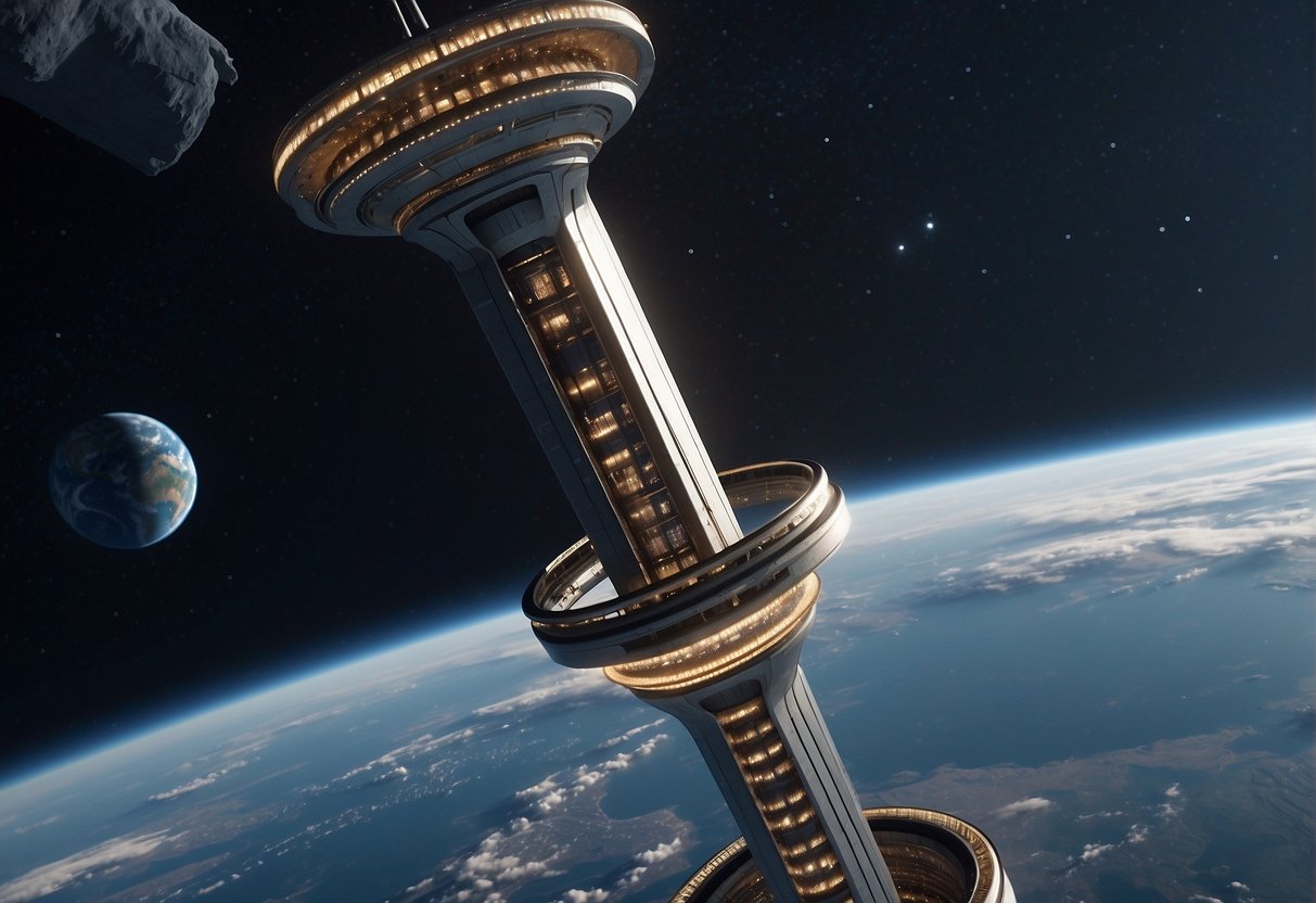 Space Elevators: A space elevator rises from Earth, its sleek and sturdy structure reaching towards the stars. The cable stretches into the distance, connecting the planet to the vastness of space