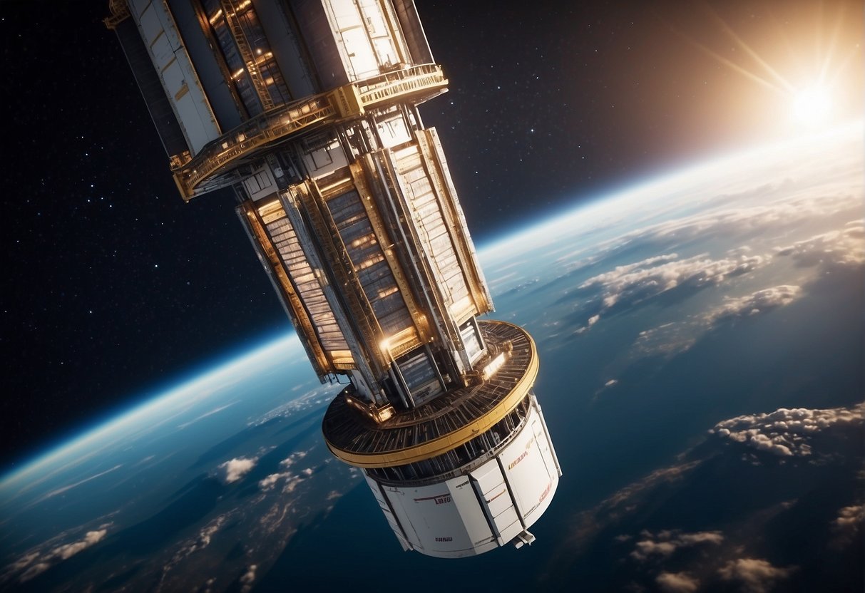 A space elevator soars into the sky, connecting Earth to space. Cargo containers are being lifted up, symbolizing economic growth and accessibility to space travel