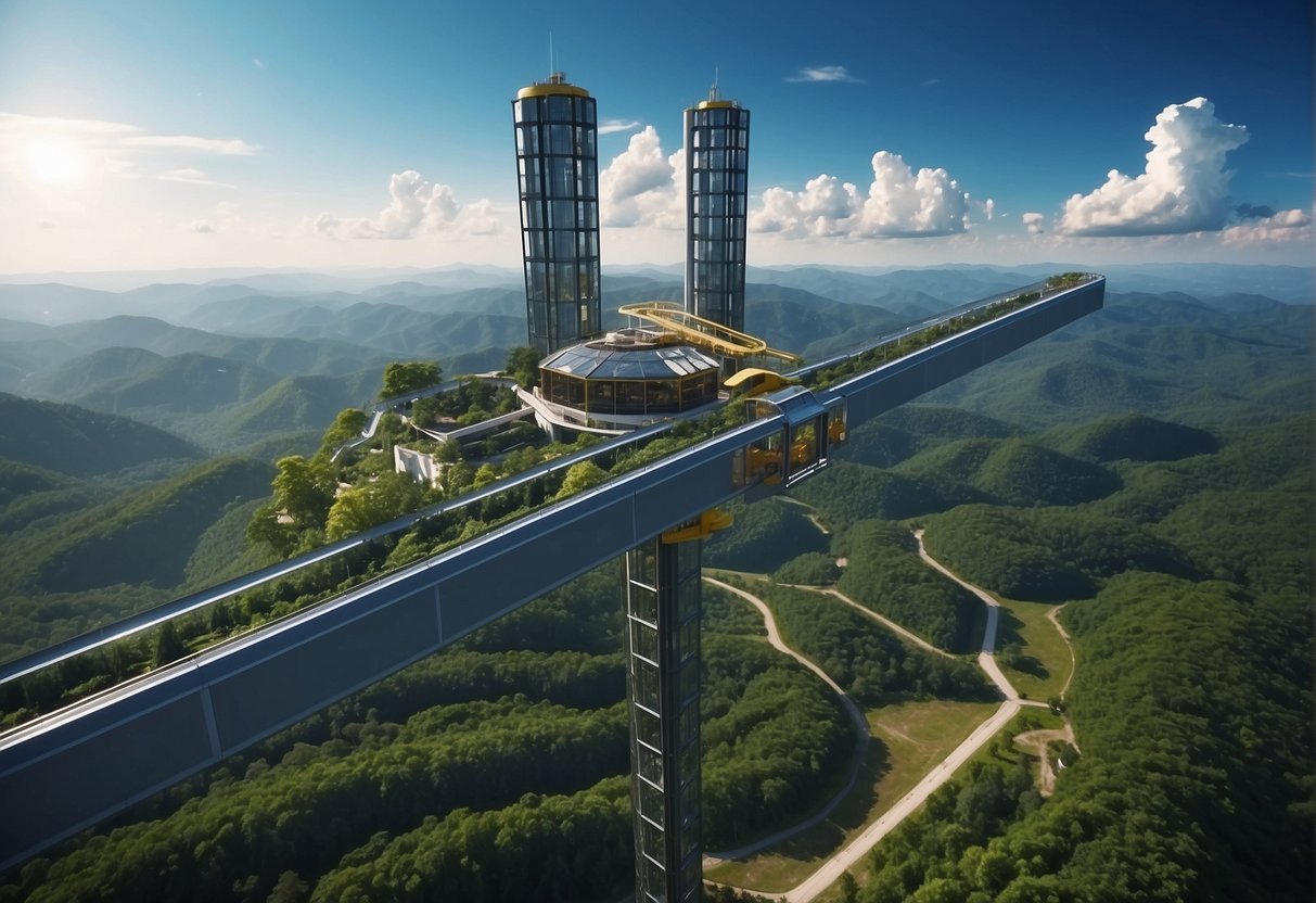 A space elevator ascends from Earth's surface, surrounded by lush greenery and clear blue skies. Safety barriers and environmental monitoring equipment are visible along the structure
