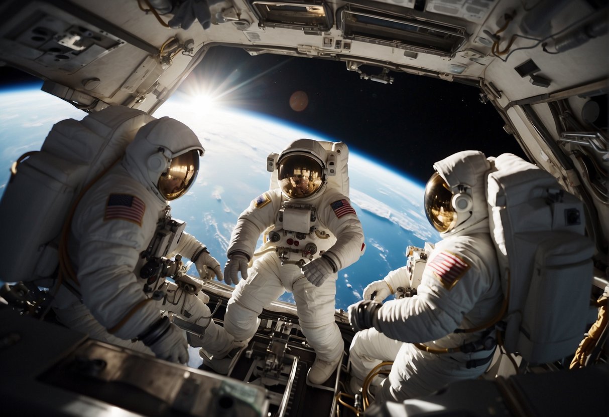 Amateur astronauts marvel at spacewalks, surrounded by scientific equipment and maintenance tools in the weightless environment of outer space