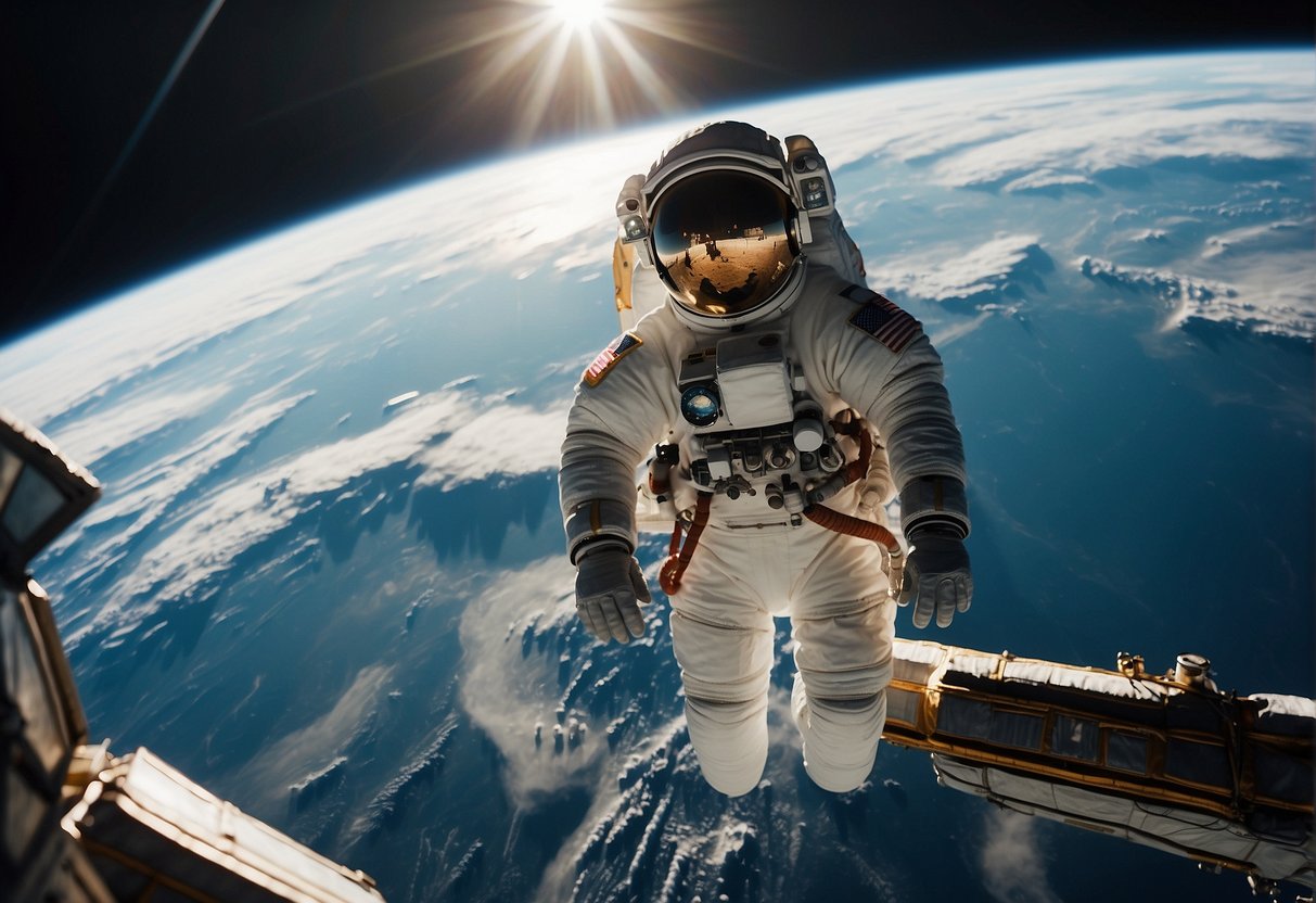 Amateur astronauts float above Earth, tethered to their spacecraft, gazing at the vastness of space. The sun illuminates their suits as they maneuver through the weightless expanse