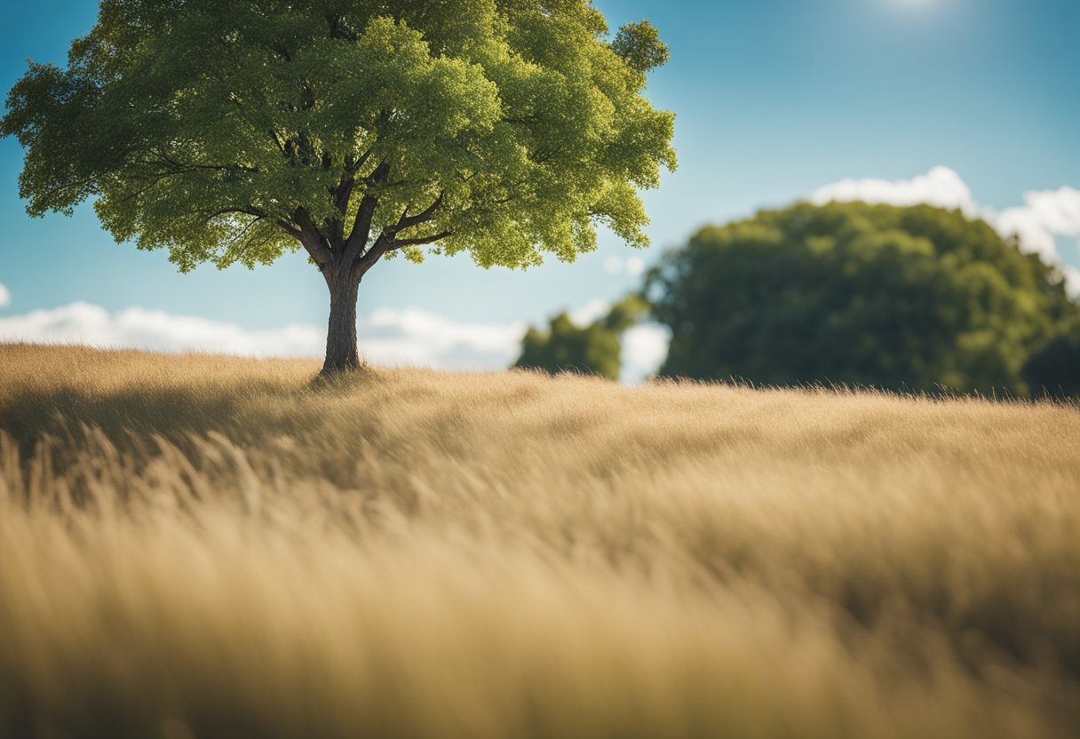 A peaceful, open field with a clear blue sky and a lone tree, symbolizing financial freedom and a carefree lifestyle