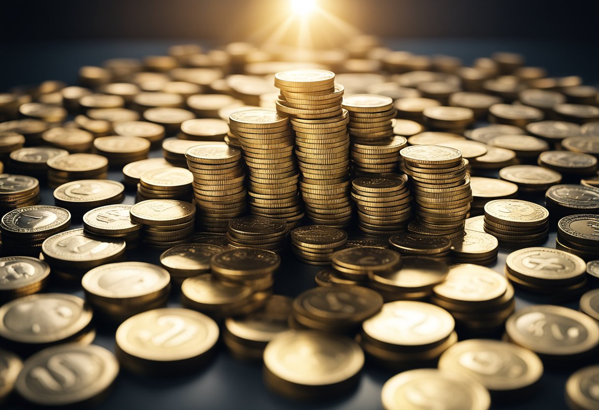 A stack of coins and dollar bills arranged in a pyramid shape, with a bright light shining from above, representing advanced financial strategies for freedom