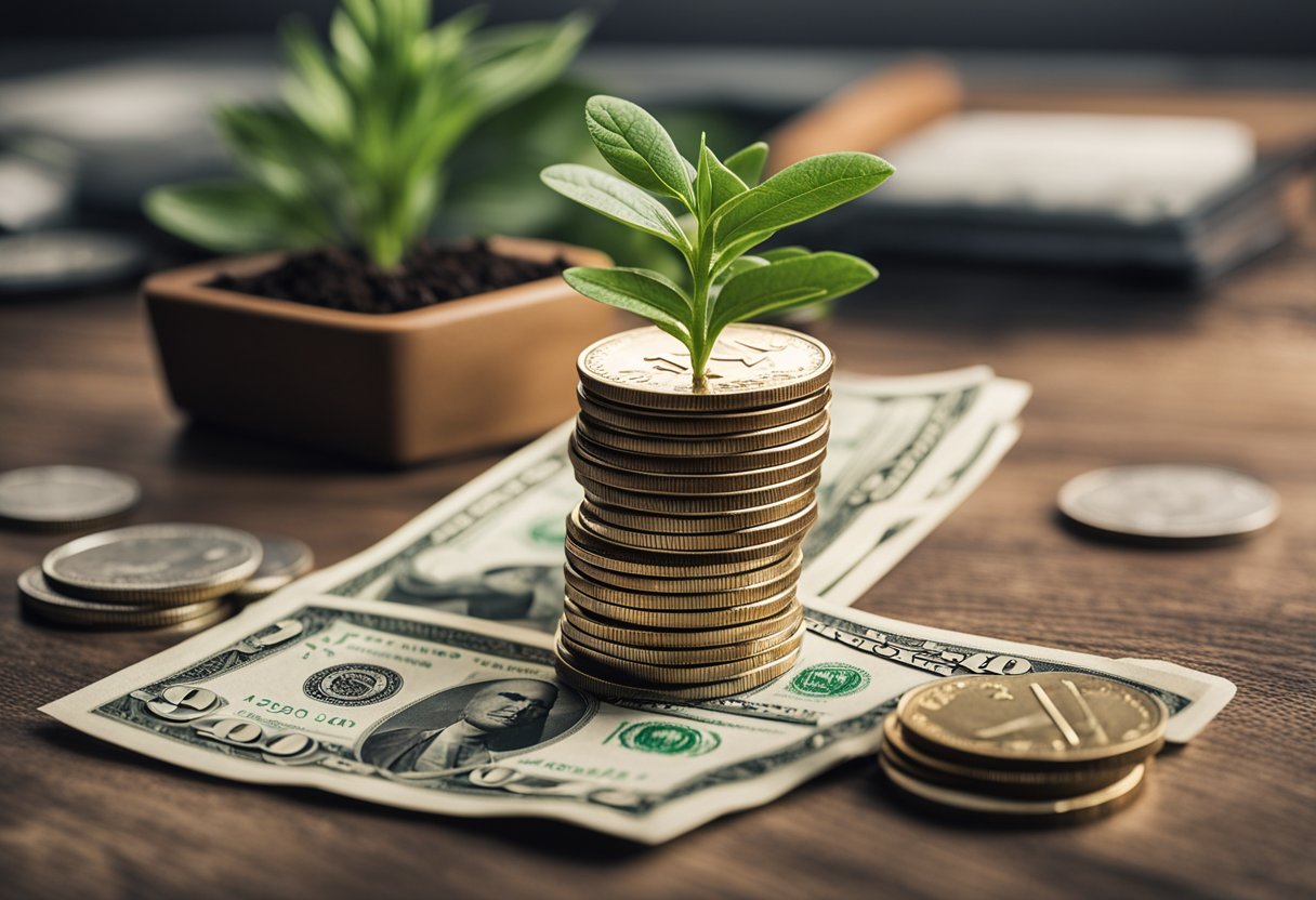 A stack of coins and bills, a growing plant, and a chart showing upward financial growth