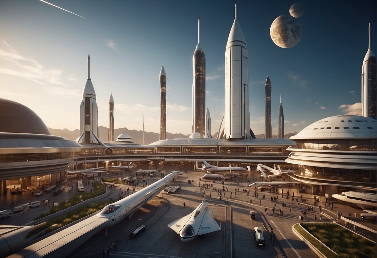 A bustling spaceport with rockets launching, businesses setting up shop, and investors discussing opportunities
