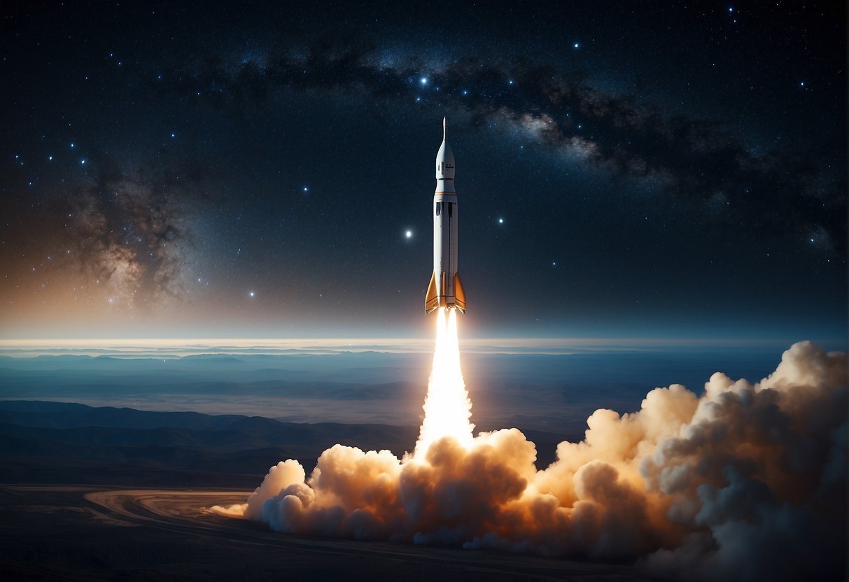 A rocket launches into space, surrounded by a vast, starry expanse. The Earth looms in the background, emphasizing the risks and challenges of investing in the final frontier