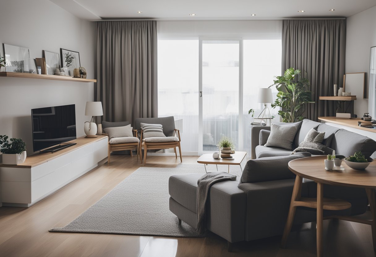 A tidy living room with vacuumed floors, neatly arranged furniture, and organized shelves. A spotless kitchen with clean countertops, shining appliances, and no dirty dishes in sight. A clutter-free bedroom with a made bed and neatly folded clothes