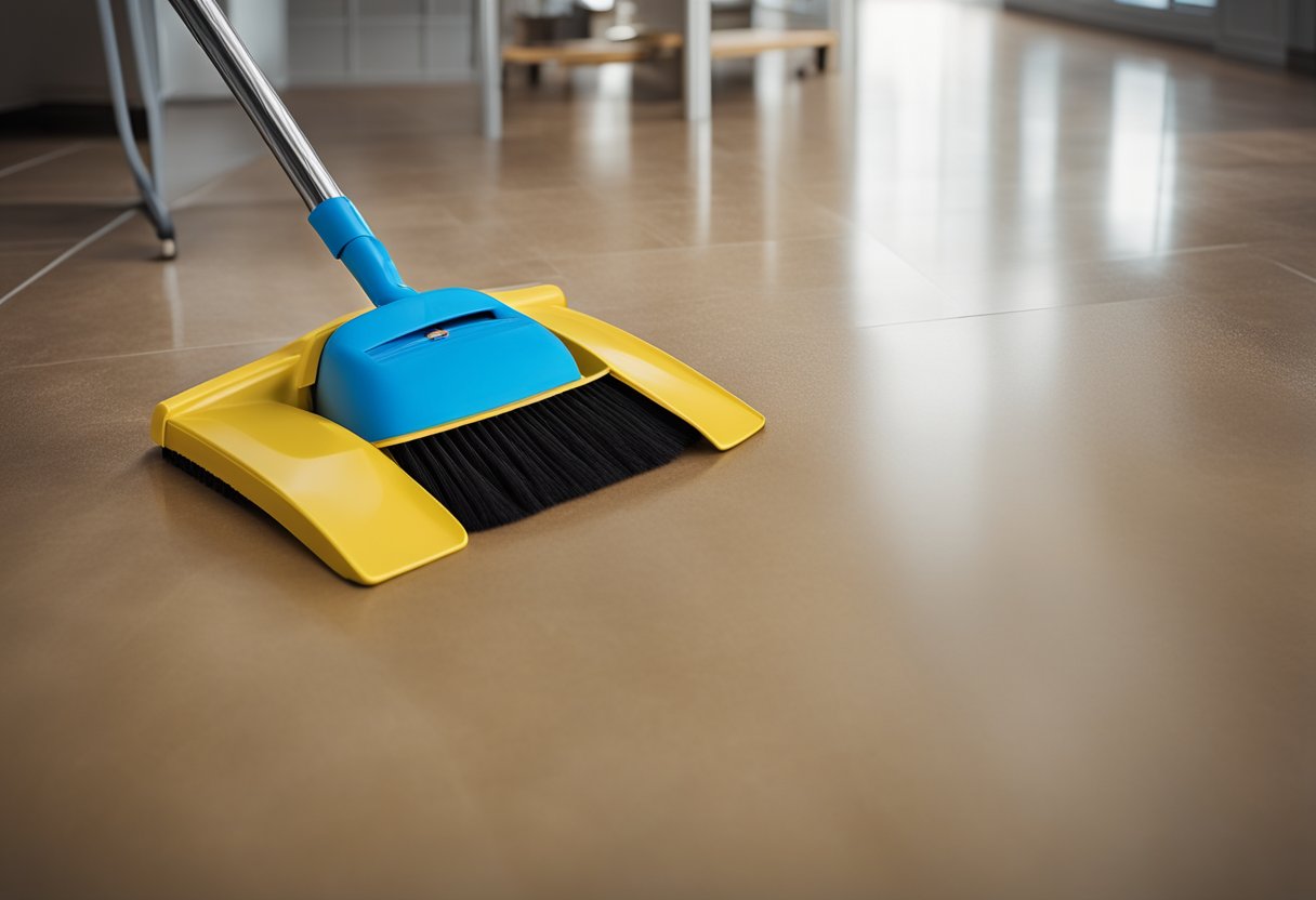 A broom and dustpan sweep up crumbs. A spray bottle and cloth wipe down counters. A vacuum hums across the floor