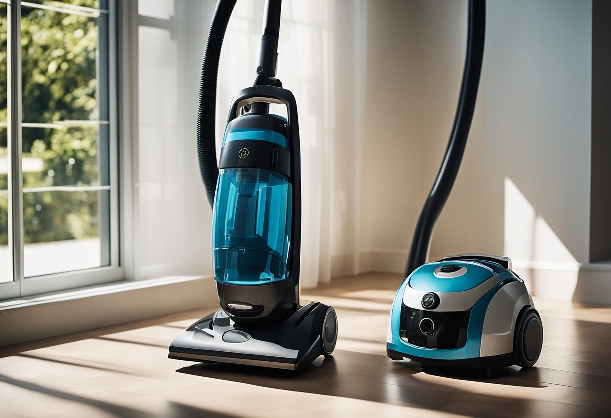 A vacuum cleaner and mop stand ready next to a neatly organized cleaning caddy. Sunlight streams through a sparkling window onto a spotless floor