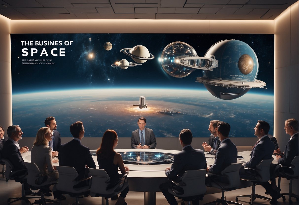Investors gather around a futuristic spaceport, with rockets being prepped for launch. A banner reading "The Business of Space" hangs overhead, as people engage in discussions and networking
